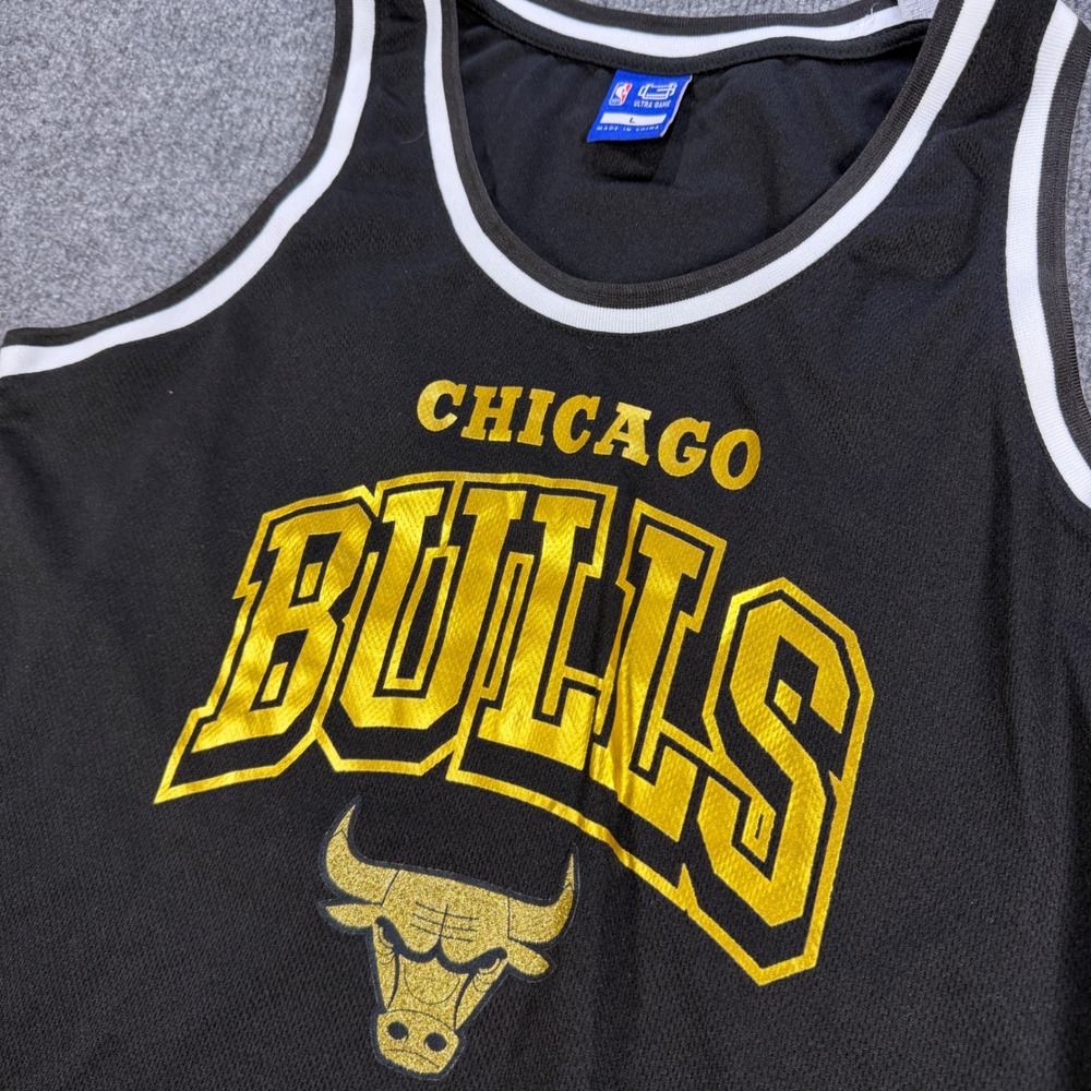 NBA Ultra Game Chicago Bulls Jersey Mens Large Black Gold Foil Mesh Basketball